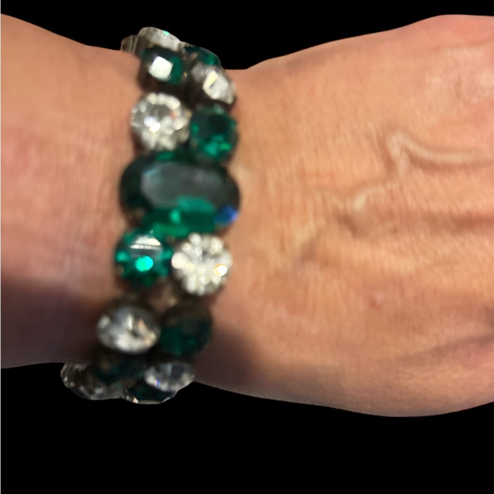 Mid-Century Emerald Green & Clear Rhinestone Cuff Bracelet